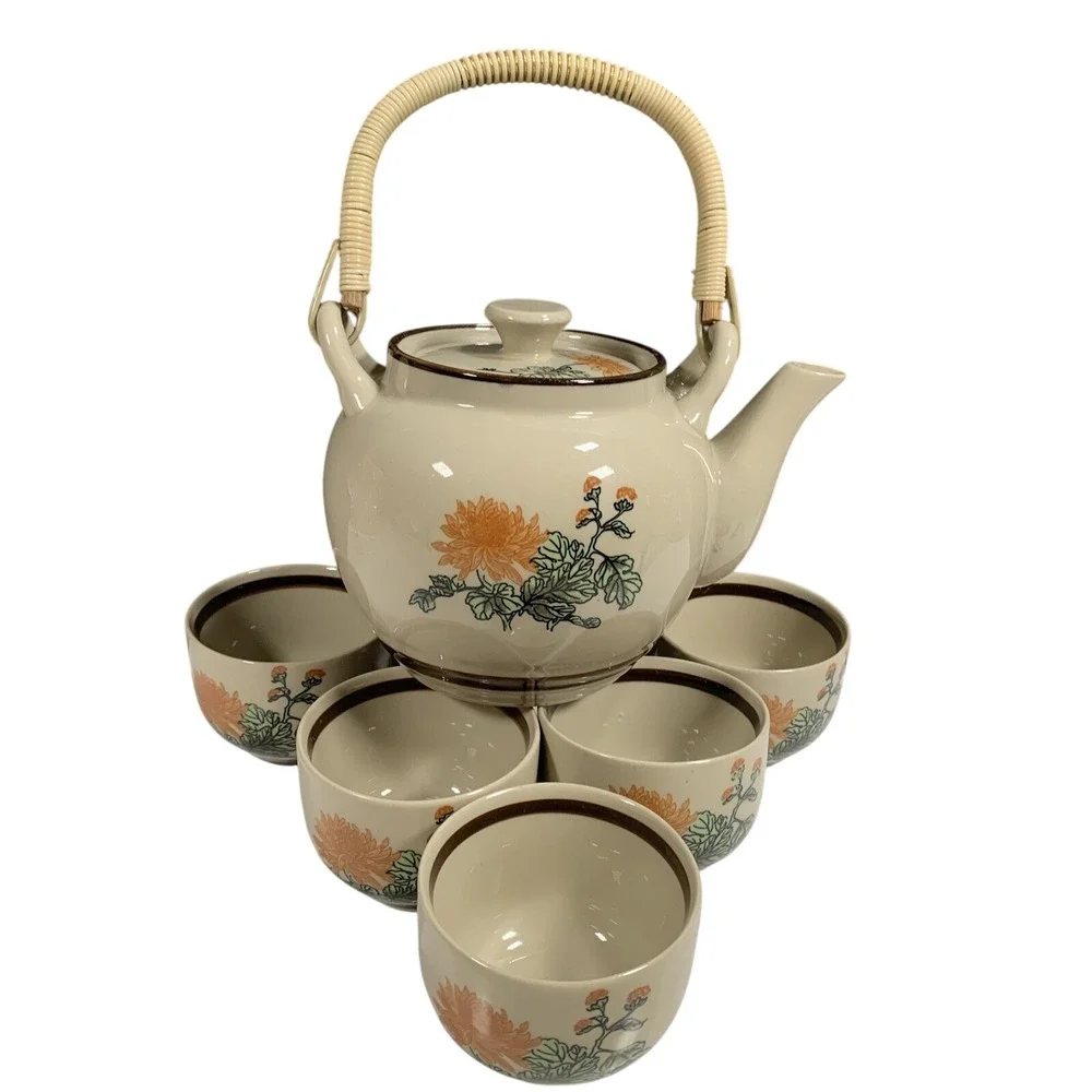 Japanese Tea Set Chrysanthemum Floral Teapot 5 Cups Japan Ceramic Boho Asian Vtg